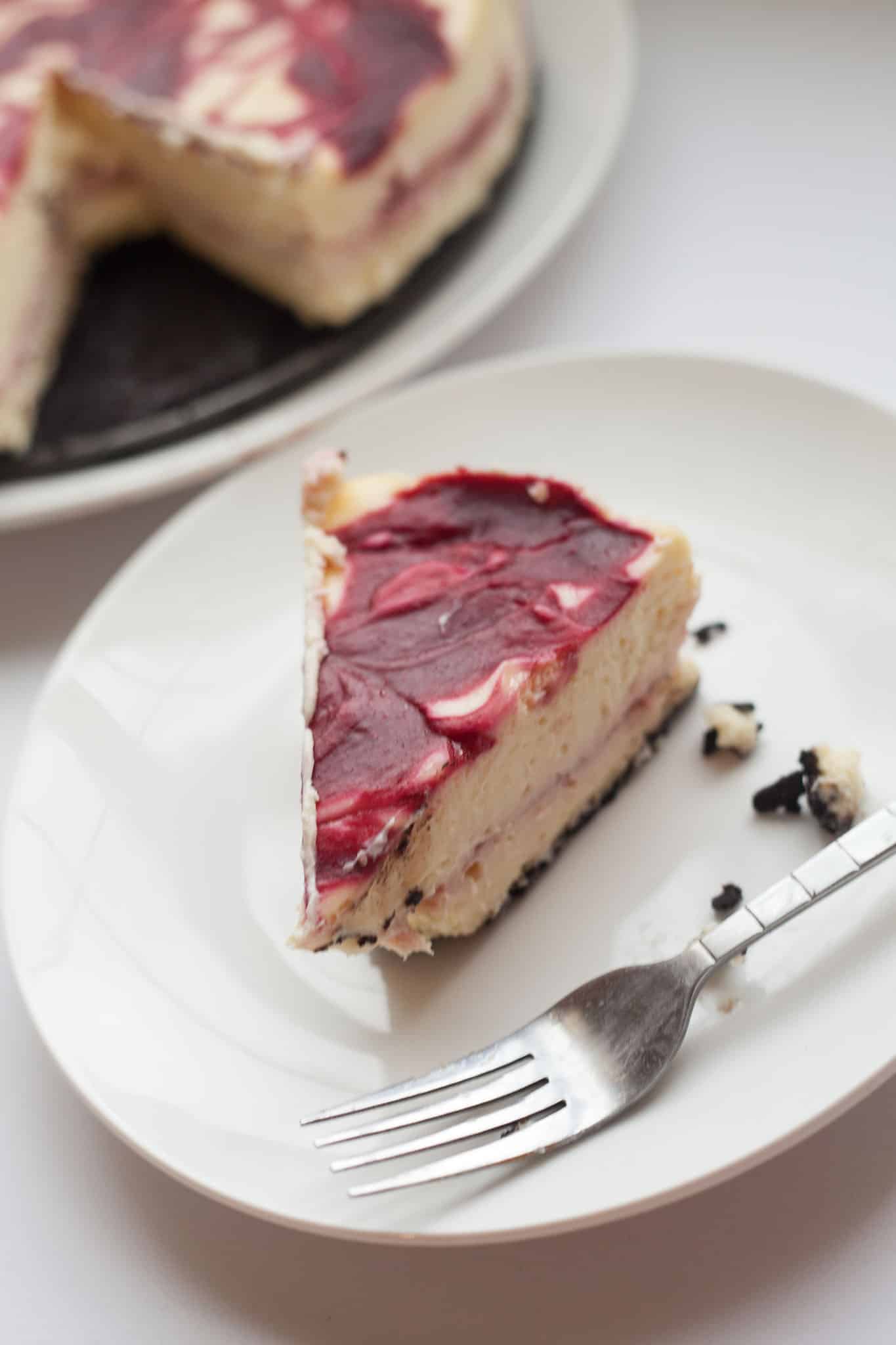 White Chocolate Raspberry Cheesecake with Oreo Crust from Call Me Betty {callmebetty.com}