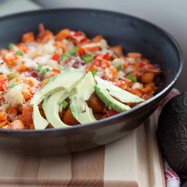 Sweet Potato Breakfast skillet with Bacon and Red bell pepper is the perfect savory breakfast. From www.callmebetty.com