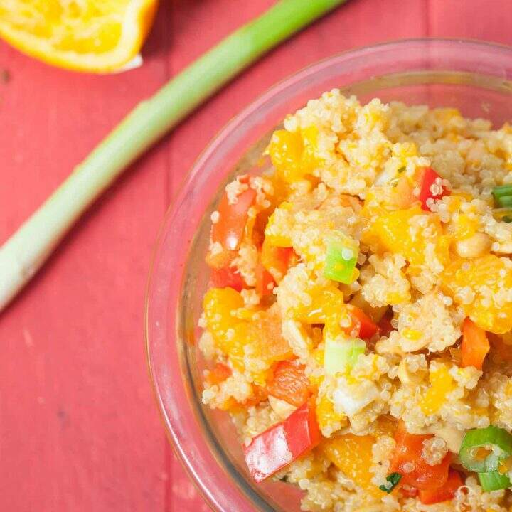 Orange cashew quinoa is an easy, healthy, and quick to make side. The bell peppers and cashews add an interesting and unexpected crunch, while mandarin oranges and orange juice add a delightful sweetness. This zesty quinoa won't disappoint.