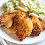 make-ahead breaded chicken with pasta on white plate