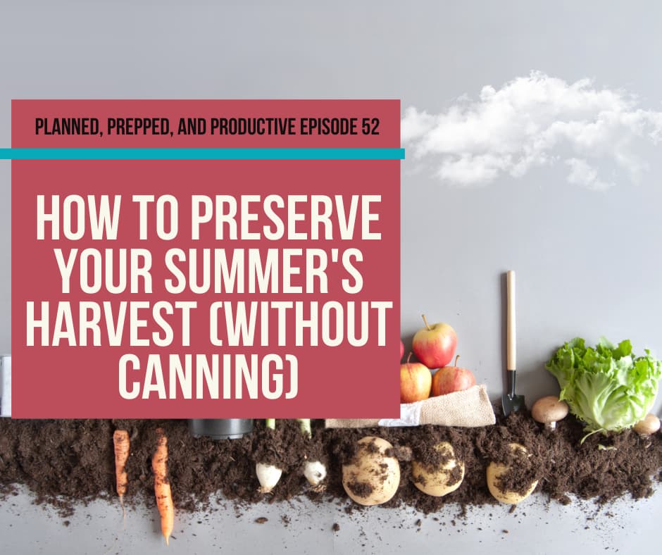 Title image for post how to preserve your summer's harvest without canning, background dirt and fresh vegetables on white background