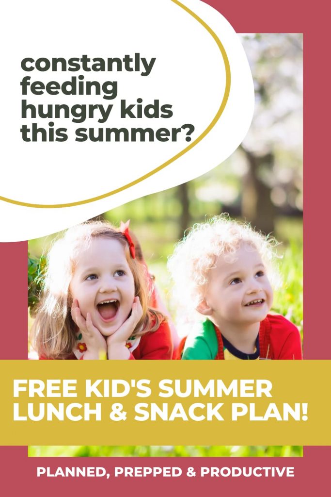 kids smiling on picnic with text overlay: free kid's summer lunch & snack plan