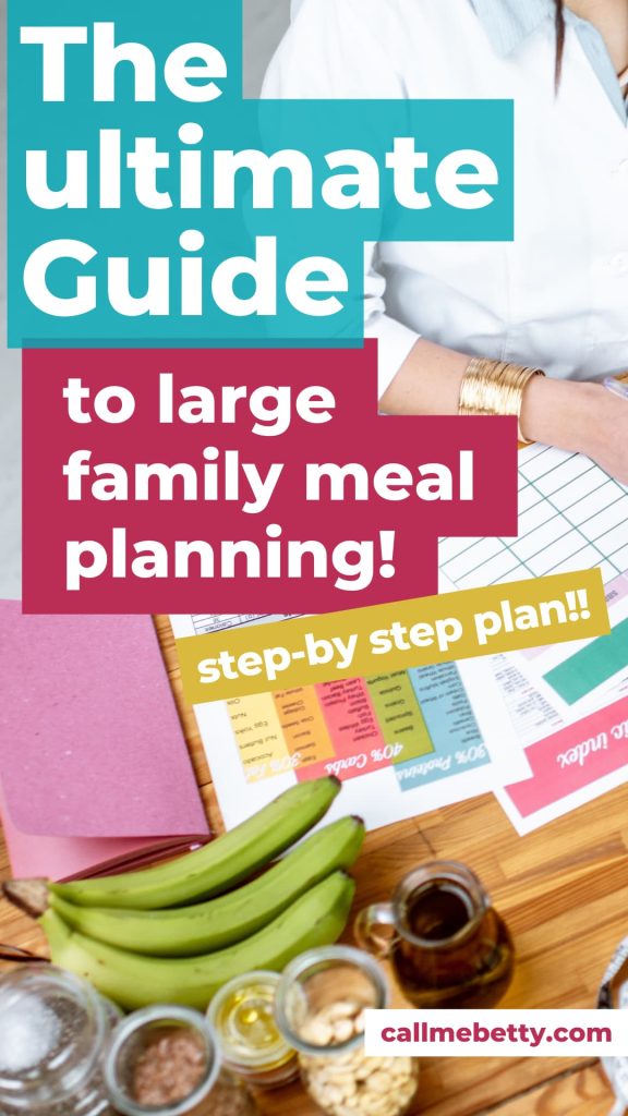 woman meal planning with food on table.  Text overlay: Complete guide to meal planning for large families