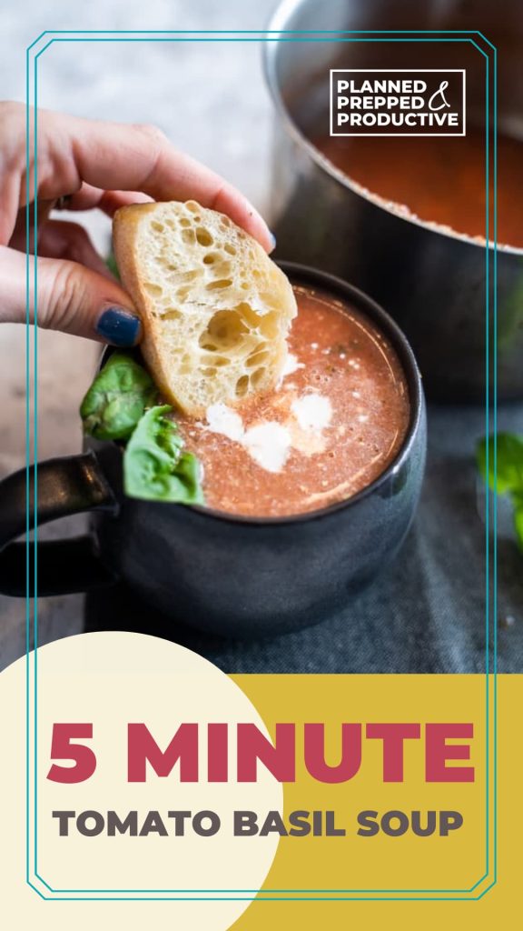 mug of soup with text overlay 5 minute tomato basil soup