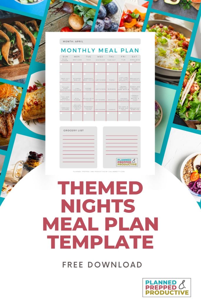 image of free meal plan template with text themed nights meal plan template