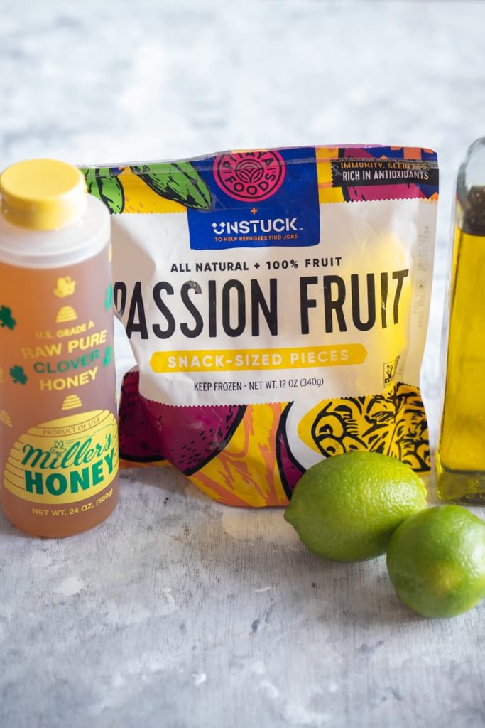 passion fruit puree in bag with honey, limes, and olive oil 
